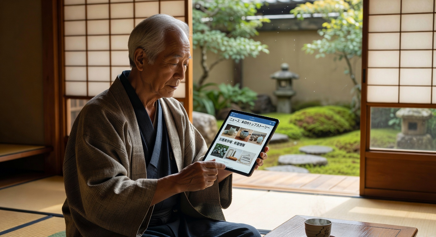 タブレットを操作するシニア男性