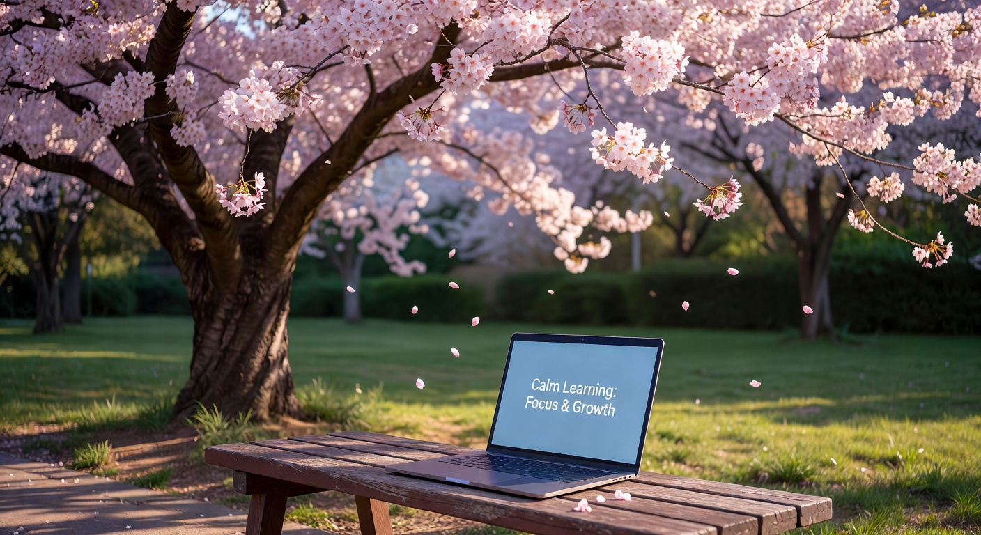 桜とノートパソコン